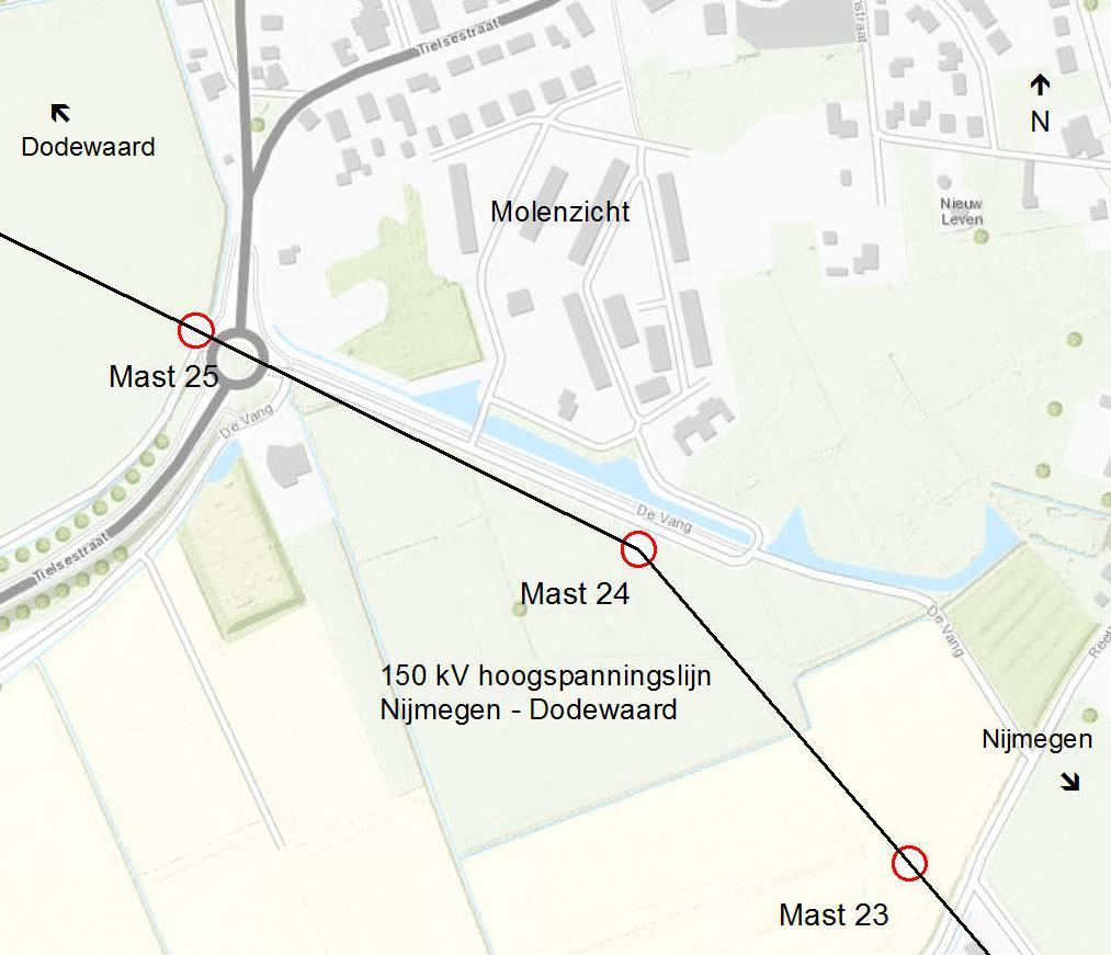 3 Beschrijving hoogspanningslijn t.h.v. plangebied Molenzicht, Valburg Ten zuiden van het te ontwikkelen gebied loopt de bovengrondse 150 kv hoogspanningslijn, Nijmegen - Dodewaard.