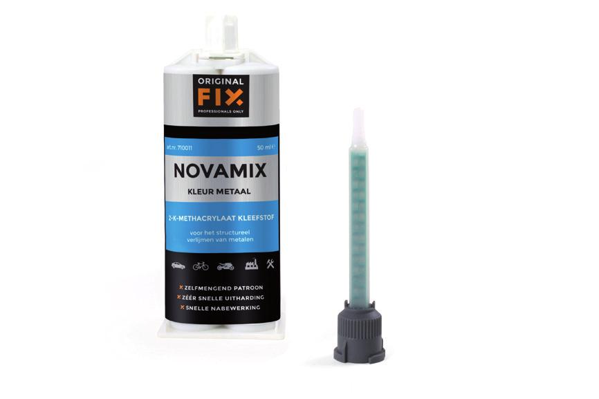 ORIGINALFIX NOVAMIX METAAL OriginalFix Novamix Metaal is een Methacrylaat 2 componenten metaalverlijming. Zeer sterke kleefstof met uitstekende hechting op metaal, aluminium en moeilijke kunststoffen.