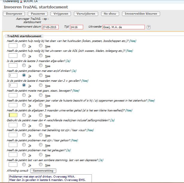 TraZAG startdocument MDO: - Vul minimaal TraZAG startdocument - Stuur alle deelnemers een aanvraag voor Consult - Maak samen in MDO een zorgplan De TraZAG startdocument is de standaardcontrole.