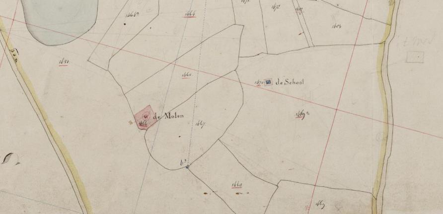 Op de kadastrale minuutplan rond 1830 en de bijbehorende registratie van eigenaargegevens (OAT) is het plangebied voor een groot deel woeste grond (heide), behorend tot de marke van Hengevelde.