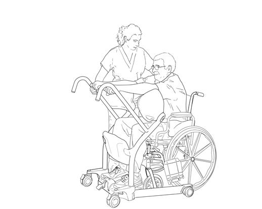 Gebruik van de Sara Stedy De cliënt verplaatsen vanuit een rolstoel Zorg ervoor dat de remmen van de rolstoel vergrendeld zijn. Help of steun de cliënt bij het opstaan.