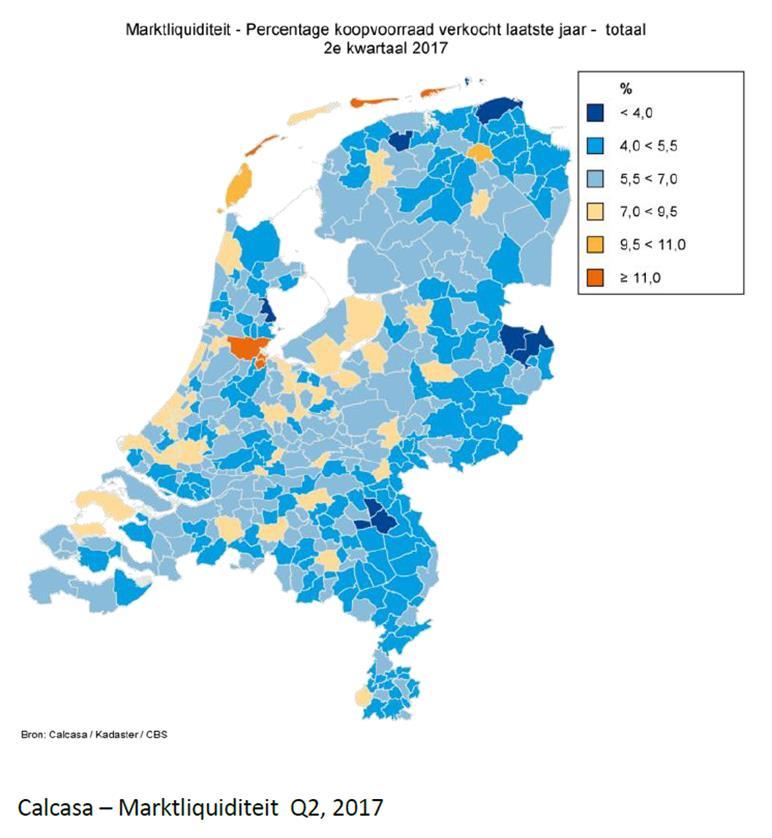 Te zien is dat met name in de grote steden in Noord-Brabant (Den Bosch, Tilburg, Breda en Eindhoven) de marktliquiditeit hoog is ten opzichte van de overige gemeenten binnen de
