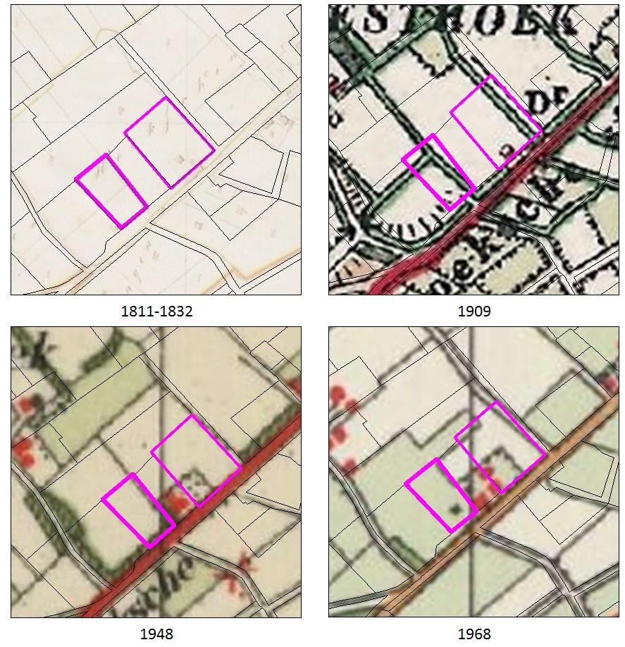 Afbeelding 8. Plangebied op uitsneden van enkele oude kaarten. 21 Op het kaartje 1811-1832 zijn twee gebouwen aanwezig in en op de zuidgrens van het plangebied (zie ook afbeelding 12).