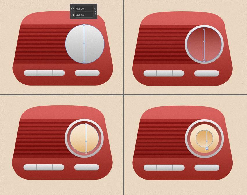 stap 4 Laten we voeg een grote ronde switcher op onze radio. Gebruik de Ellipse Tool (M) om een 43 x 43 pxcirkel met Linear vullen van grijs naar wit, waardoor het een metal look.