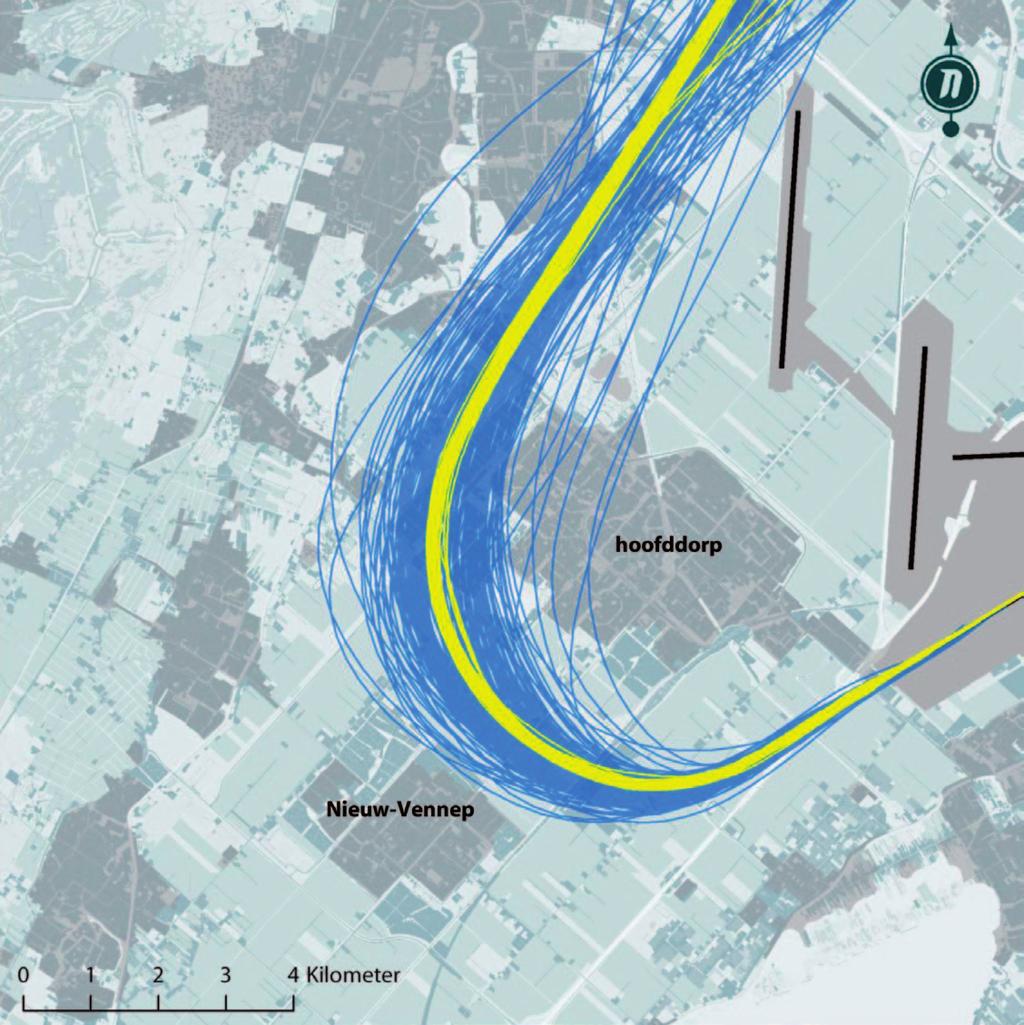 Navigatienauwkeurigheid met de vaste bochtstraal Nevenstaand figuur laat het effect van het vliegen van de vaste bochtstraal (gele vliegpaden) zien ten opzichte van traditionele navigatie (blauwe