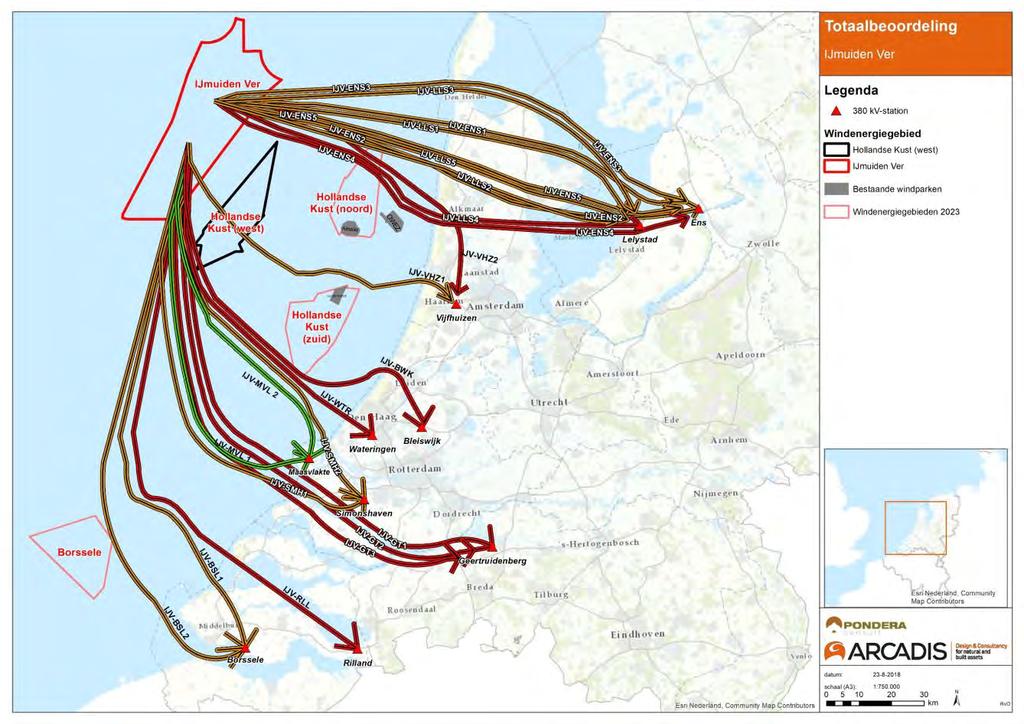 Figuur 8-1 Totaalbeoordeling van de verschillende tracéopties vanaf IJmuiden Ver op kaart.