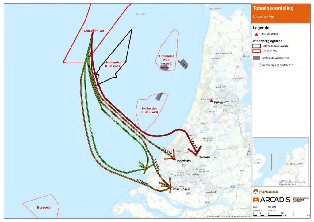 Figuur 8-2 Totaalbeoordeling van de verschillende noordelijke tracéopties vanaf IJmuiden Ver op kaart.