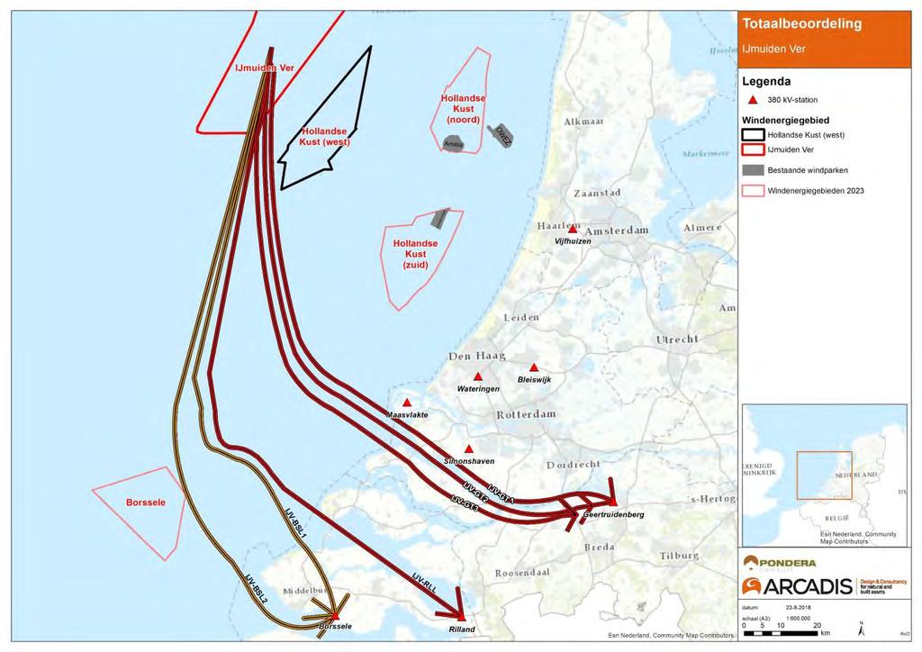Figuur 8-3 Totaalbeoordeling van de verschillende midden tracéopties vanaf IJmuiden Ver op kaart. Meest kansrijke opties zijn groen. Minst kansrijke opties zijn rood.