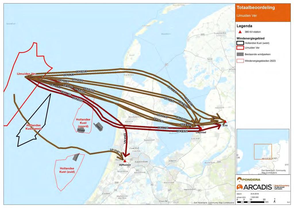 Figuur 3-4 Totaalbeoordeling van de verschillende noordelijke tracéopties vanaf IJmuiden Ver op kaart. Meest kansrijke opties zijn groen. Minst kansrijke opties zijn rood.