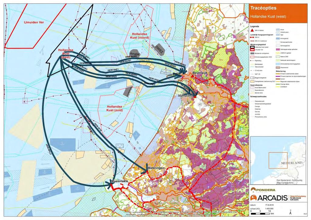 Figuur 5-6 Overzicht tracéopties vanaf windenergiegebied Hollandse Kust (west). Op de kaart is te zien dat de pijlen niet volledig richting stationslocatie Beverwijk gaan.