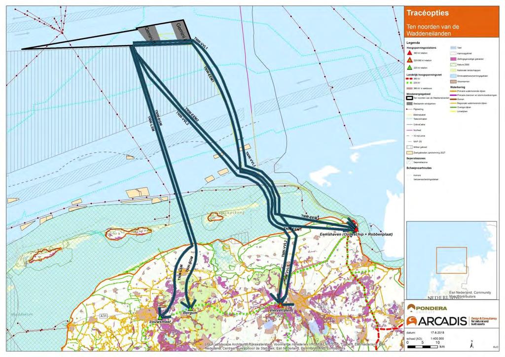 Figuur 5-7 Overzicht tracéopties vanaf windenergiegebied Ten noorden van de Waddeneilanden. IJmuiden Ver PM: in deze beschrijving is het tracé naar Rilland 2 nog niet verwerkt.