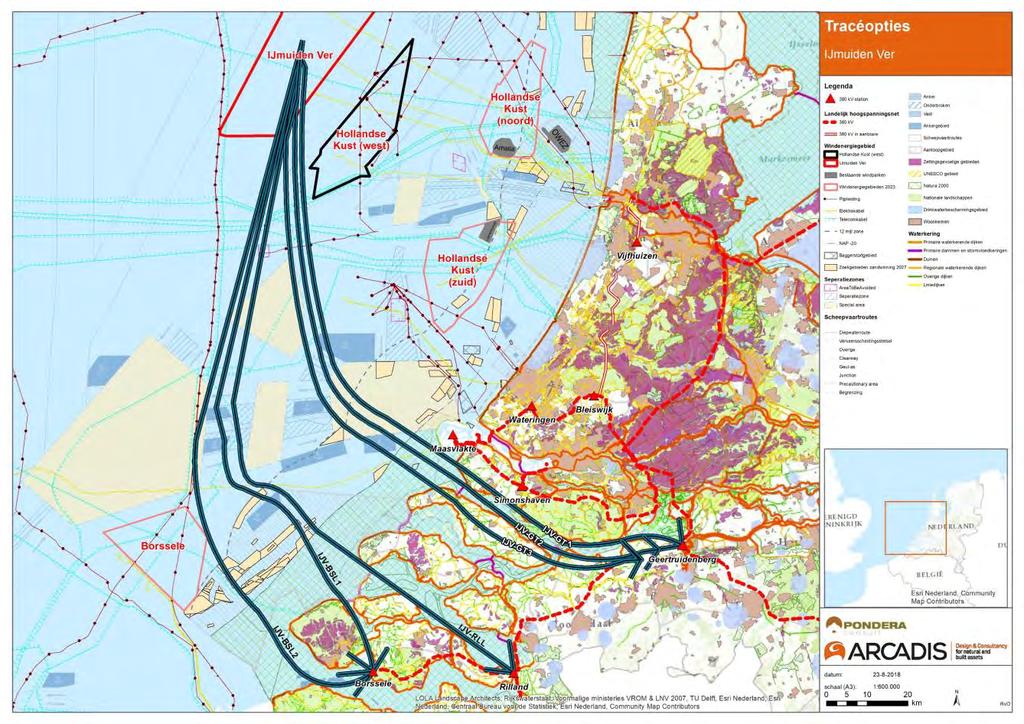Figuur 5-11 Overzicht zuidelijke tracéopties vanaf windenergiegebied IJmuiden Ver. PM: in deze figuur is het tracé Rilland 2 nog niet verwerkt. 5.7 