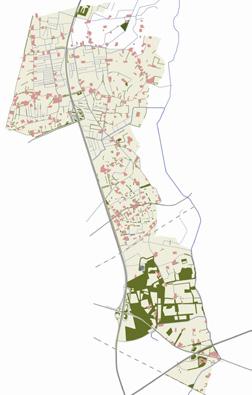 de lineaire beplantingsstructuren op de overgang naar de lagere gronden (bruine kleur, 5-7,5meter) en openheid (geen beplanting) in het laagste deel ten noorden van de Beemterweg.