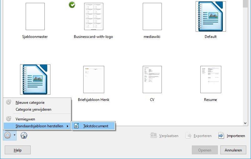 De volgende keer dat u een document maakt door Bestand > Nieuw te kiezen, zal het document worden gemaakt op basis van het in LibreOffice ingebouwde standaardsjabloon voor dat documenttype.