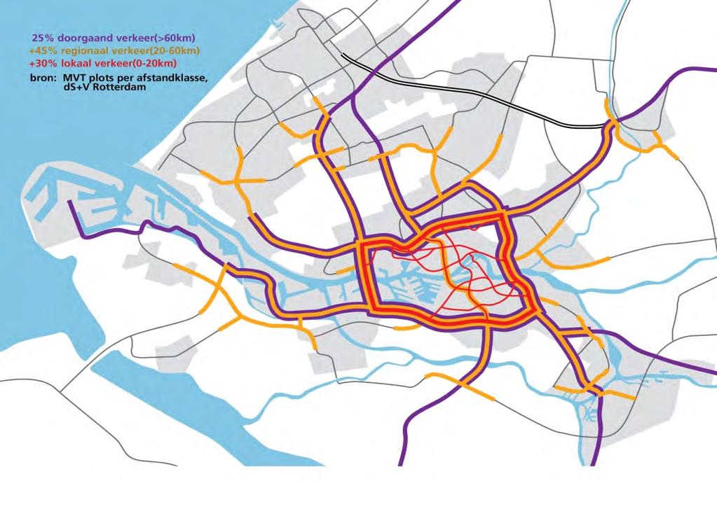 Afbeelding 4: verkeersplot van het regionale wegennet, inclusief een verdeling van het verkeer naar bestemming. 3.