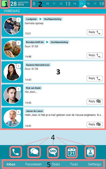 3. De app gebruiken 1. Weergave status Xelion server 2. Beschikbaarheid persoonlijke agenda 3. Weergave communicatielog (inbox). 4. Bellen, Chat, SMS, Agenda & Adresboek 5.