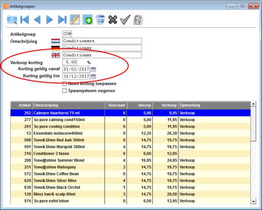 Bijvoorbeeld 10% korting van 01-03-2017 t/m 31-12-2017. Bij het artikel kunt u omschakelen tussen actieprijs of korting percentage.