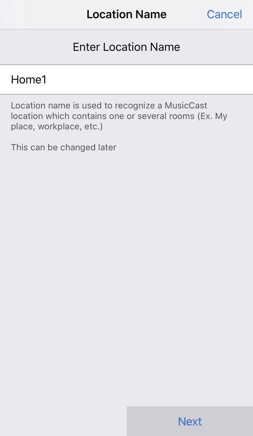 6 Om het toestel te registreren als een apparaat dat geschikt is voor MusicCast, moet u de volgende items configureren. Naam van de locatie ( thuis, Johns huis, enz.