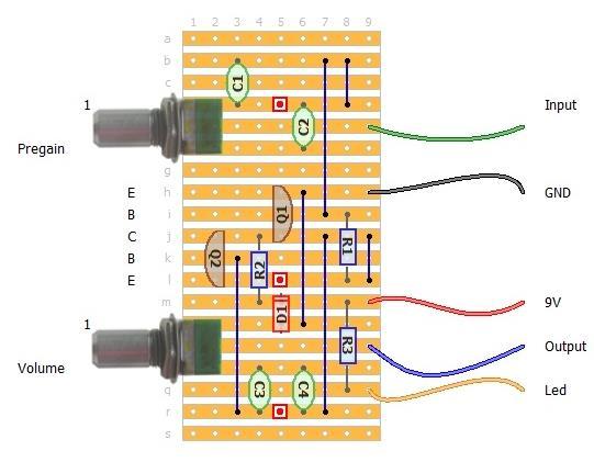 WWW.-ONLINE.NL 1 Batterijclip voor een 9V batterij 2 MPSA18 transistors (Q1, Q2) 3 draadbruggen (zie layout) 1 3.3M weerstand (R1) 1 10K weerstand (R2) 1 1.