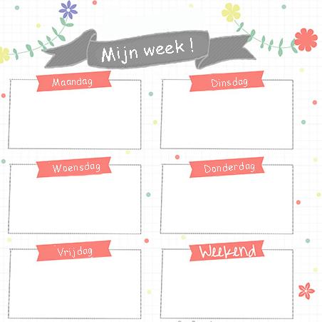 12) Vul de weekagenda van Sarah met al haar activiteiten in. 13) Welke woorden gebruikt Sarah om haar tekst te organiseren? Schrijf ze in de tabel hieronder. Alle lijntjes moeten vol zijn.