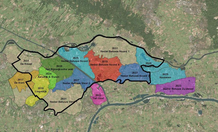 Pagina: 23 van 24 4.5 Planning uitvoeringsplan baggeren Waterschap Rivierenland heeft haar beheergebied in baggergebieden opgedeeld. Deze worden tijdens een cyclus van 18 jaar gebaggerd.