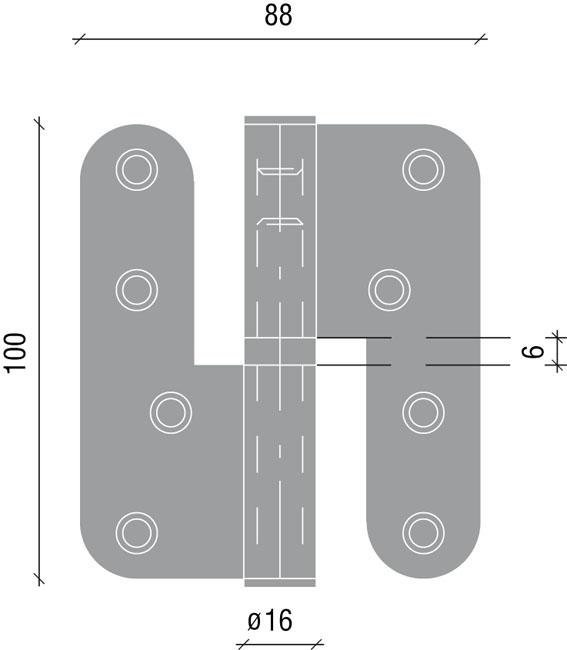 De vleugels met afmetingen 100 mm (hoogte) op 36 mm (breedte vanaf knop) op 3 mm (diepte), zijn afgerond en elk voorzien van 4 gefreesde schroefgaten.