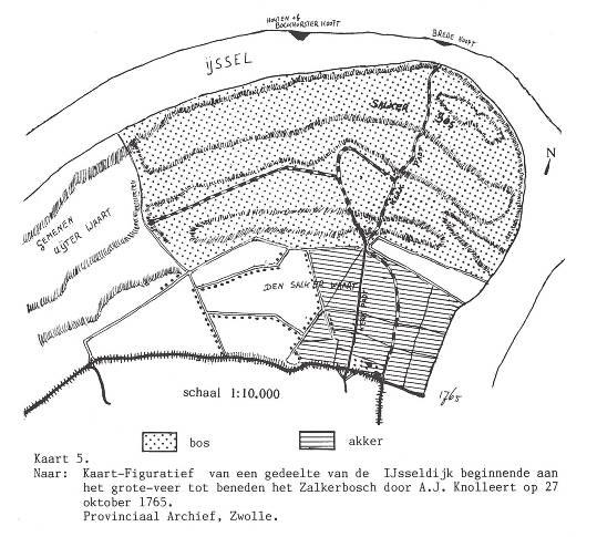 Afbeelding 2.1: Hardhoutooibos bij Zalk (gestippelde arcering) in 1765 nog een substantieel deel van de waard, in 1917 alleen nog op de hogere oeverwallen (G.J.