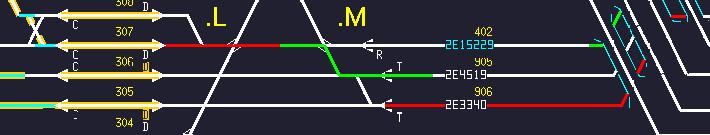 EBP-beeld van 20:40:59 Trein E4519 doorloopt de reisweg tussen het sein DX7-l.8 (spoor 307 sein "D" op het EBPscherm) en spoor 905.