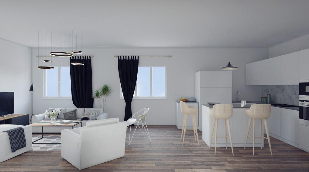 Visualisatie: leefruimte gelijkvloers appartement Homelab Homelab Belgium, Naamsevest 6,