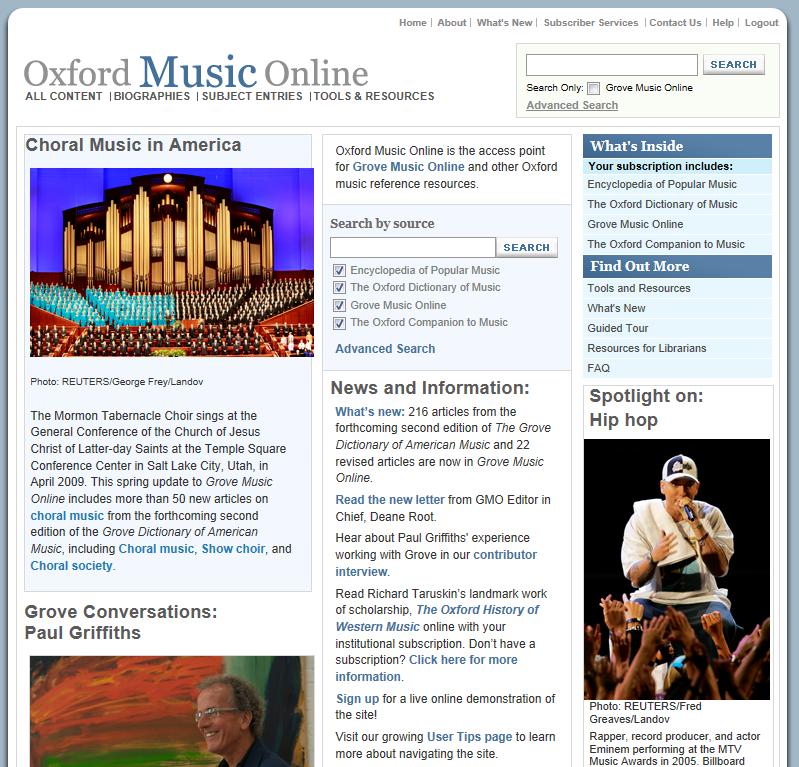 Oxford Music Online full text info van: Encyclopedia of Popular Music The Oxford Dictionary of Music Grove Music Online The Oxford Companion to Music meer dan 50.
