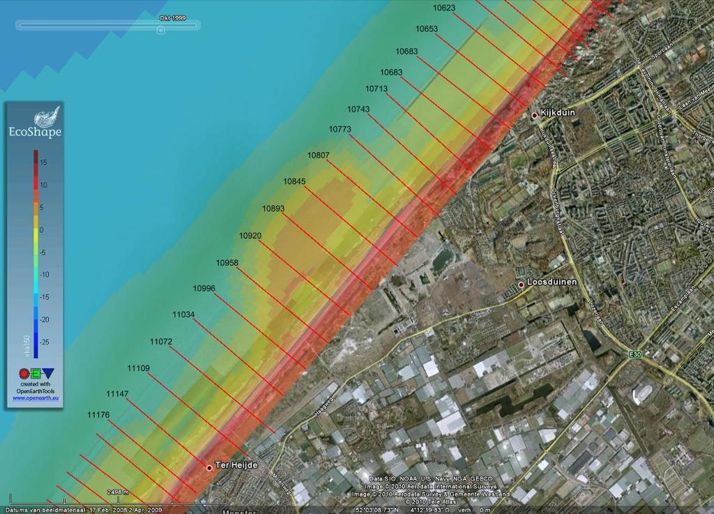 Figuur 5.1 Google Earth plan view van het aanleggebied van de Zandmotor tussen RijksStrandPalen raaien 11034