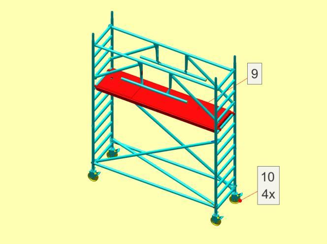 9: Plaats het platform met luik (op de 5e sport van boven); schuif beide uitwaaibeveiligingen onder de sport; 10: Zet de remmen vast en stel de steiger waterpas door de spindelmoer van de wielen te