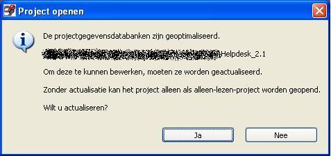 5. Projecten overnemen Wanneer u een project uit een eerdere versie wilt openen, zal het project geconverteerd moeten worden naar de 2.1 versie. Onderstaande melding zal automatisch verschijnen.