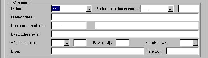 In het venster "Wijzigingen" worden de nieuwe adresgegevens opgenomen. Dit venster ziet er net zo uit als bij het verhuizen van een gezin. Voor de bespreking van deze velden kunt u hoofdstuk 3.12.