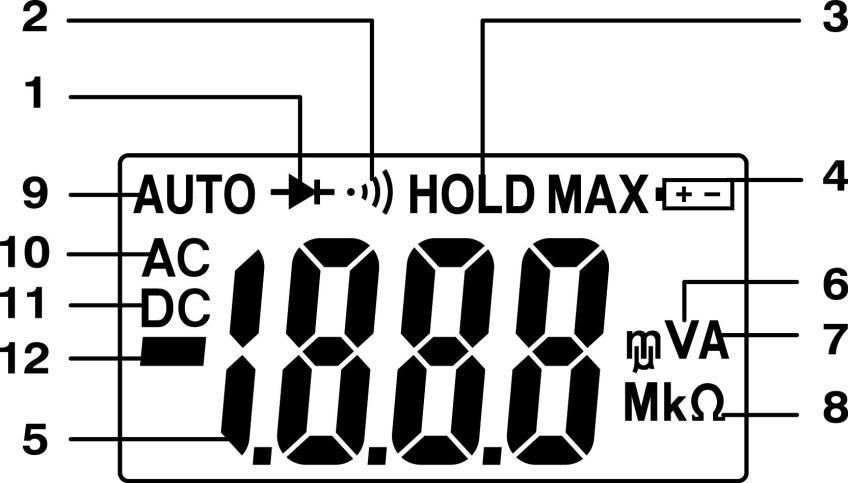 1. Diode 2. Continuïteit 3. Vasthouden beeld display HOLD 4. Lege-batterijverklikker 5. Gemeten waarde 6. Spanning 7.