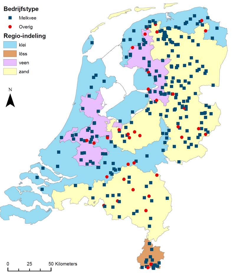 Figuur 2.2 Ligging van de in 2010 bemonsterde 290 graslandbedrijven die deelnemen aan de waterbemonstering voor het derogatiemeetnet.