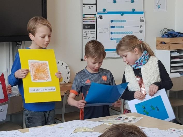 De kinderen hebben zelf borden gemaakt voor deze regels. Vier groepen hebben vier borden gemaakt.