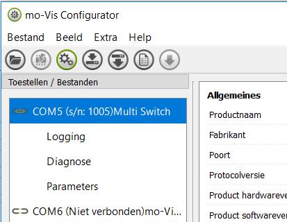 Klik op "verbinden" in de icoonbalk om de configuratiesoftware te verbinden met het mo-vis-apparaat of selecteer "Bestand Verbinden" in de menubalk.