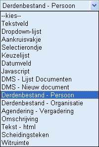 Type: het type van veld De meeste pties spreken vr zich, maar er zijn tch enkele types die wat meer uitleg vragen: Javascript In dit veld kunt u javascriptcde zetten, m bv.