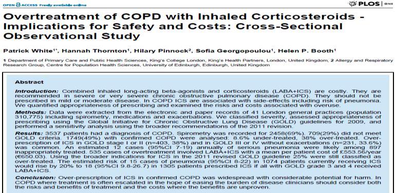 Proportion of patients with spirometric confirmation of diagnosis of COPD in each treatment classification by GOLD stage. White P, Thornton H, Pinnock H, Georgopoulou S, et al.