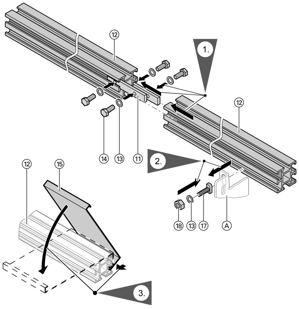 Montagerails monteren Bij alle montagestappen de T-sleufschroeven 90 draaien. A Dakhaak 1. Verbindingselementen in montagerails schroeven. 2. Montagerails uitlijnen en op de panlatten schroeven.