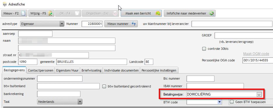 Hier dient u een nieuwe vervaldagcode aan te maken voor domiciliëring (indien ze nog niet bestaat). HET VELD CODE MOET DOM ZIJN!