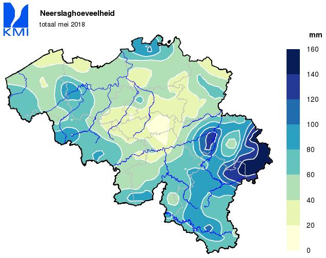 Fig. 2: Neerslaghoeveelheid van mei, juni en juli 2018: geografische verdeling van