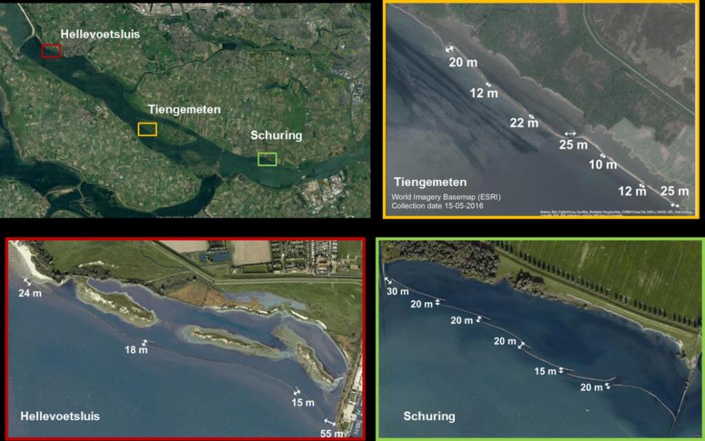 Steekproefsgewijs is voor enkele locaties, zoals weergegeven in Figuur 30, een eerste schatting gemaakt van de verandering in stroomsnelheid in de doorgangen.