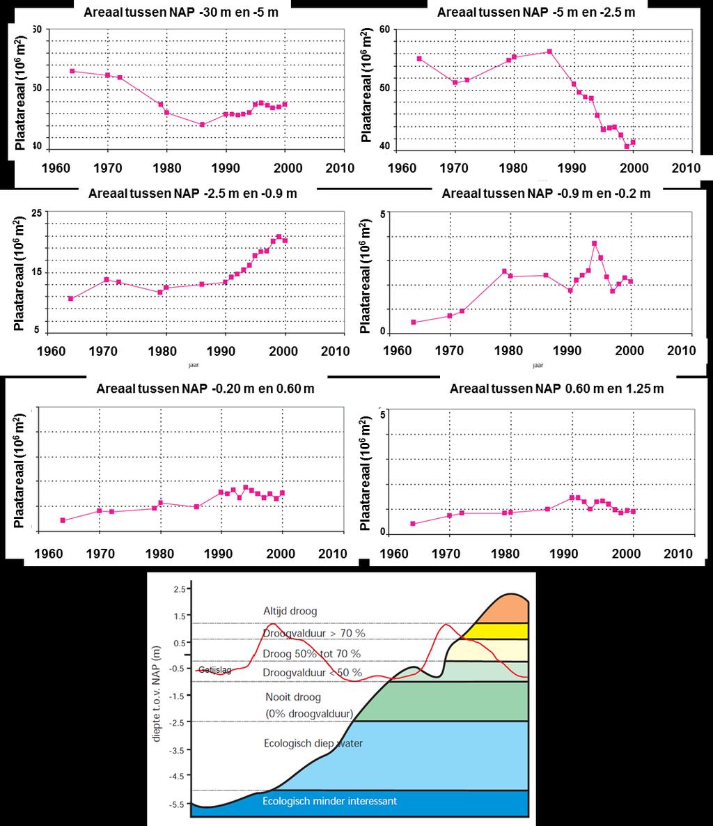 Figuur 38 Analyse ontwikkeling areaal intergetijdengebied van de Haringvliet buitendelta tussen 1963 en 2000, door Stam et al. (2002).