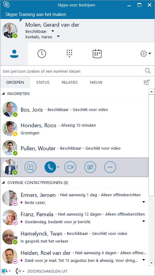 Bellen van contacten 1. Selecteer of zoek een contactpersoon 2. Beweeg de muis over de foto van de persoon 3.