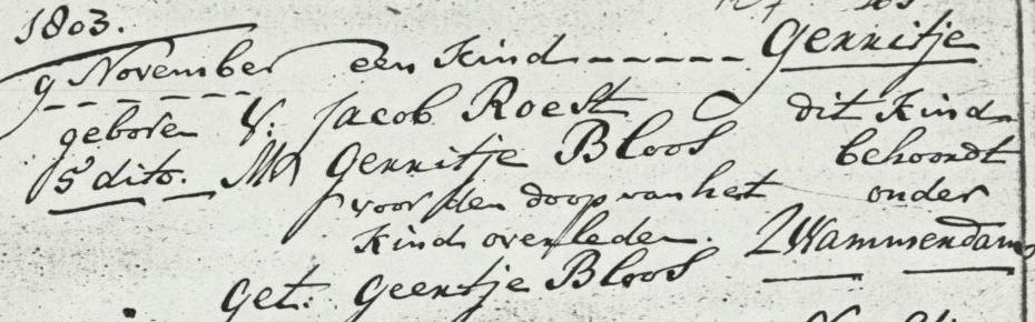 Lakervelt huijsvr. Van Arie Bloos get. Zwammerdam Overlijdensregister: 27 october 1807 is Teunis zoon van Jacob Roest overleden. Zwammerdam Doopboek p.