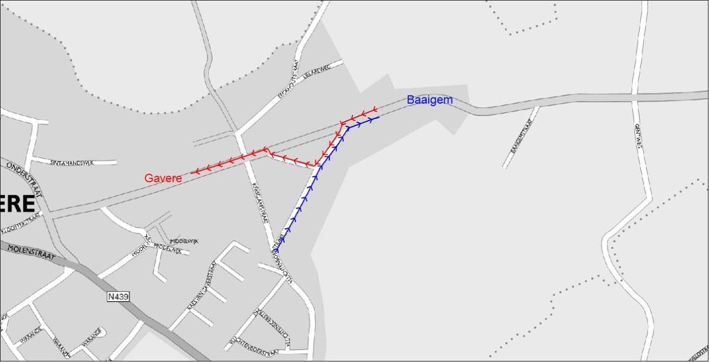 Vanaf Vluchtenboerstraat nr. 69 kan vervolgens de verbindingsweg genomen worden om verder richting Gavere te rijden. Op het plan werd deze route aangeduid in het rood.