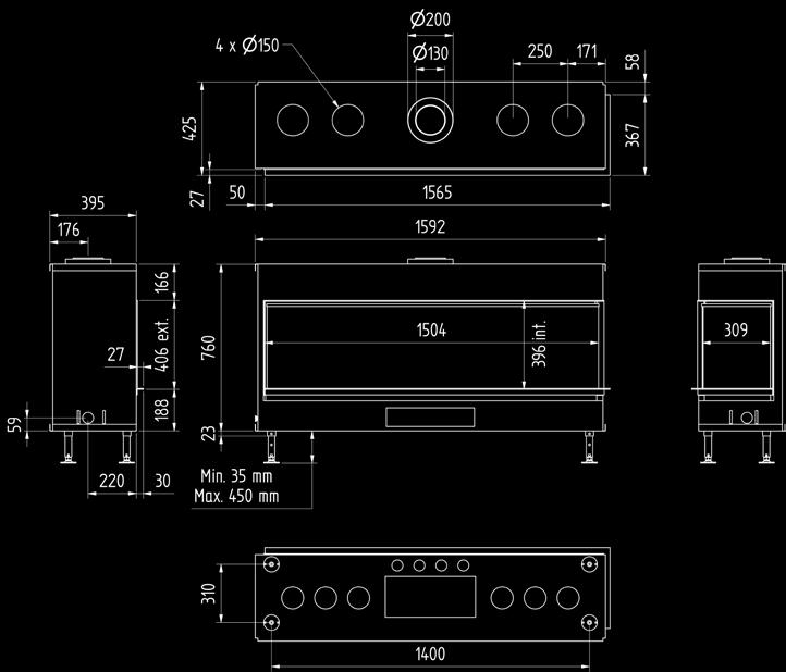 Luna 1600 CL/CR Diamond Plan = CR vermogen / puissance *3-10,5 kw rendement / rendement 85,2 % gewicht / poids afwerkingsmaat / dimensions visibles rookkanaal / conduit of