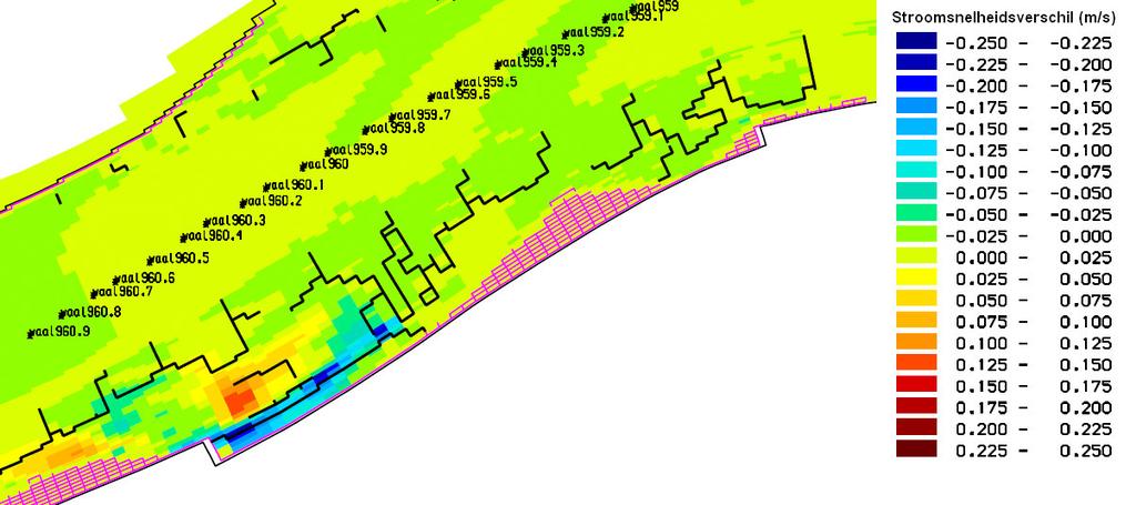 7 toont het effect op de stroomsnelheid als gevolg van de ingrepen. De stroomsnelheid zal zeer lokaal toenemen met 0,15 m/s in de Cloppenwaard. Figuur 4.
